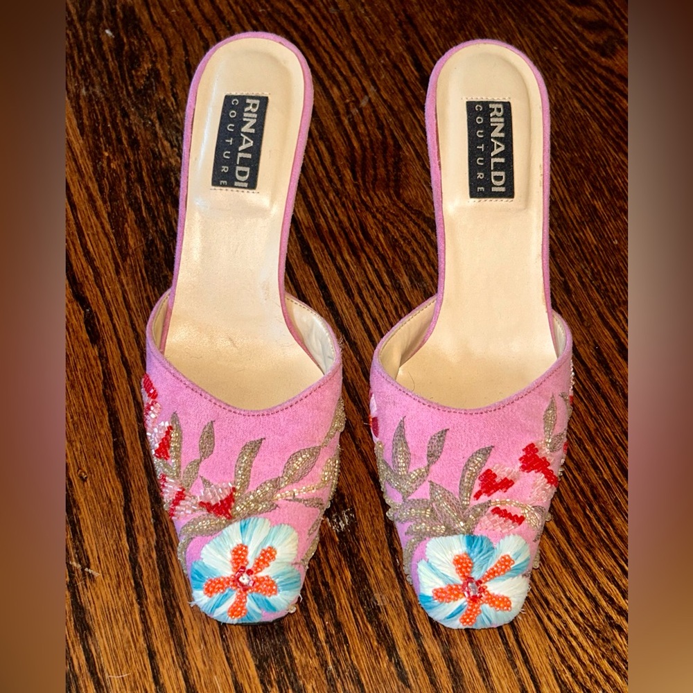 Pink Embroidered Beaded Rinaldi Couture Heeled Slides EU sz 37 US sz 6.5 / 7
